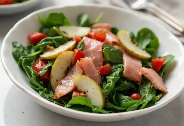 Spinach, ham and pear salad with red pepper and vinegar