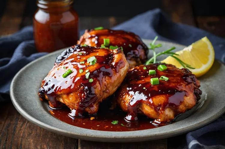 Sticky orange-glazed chicken thighs with sweet and spicy sauce
