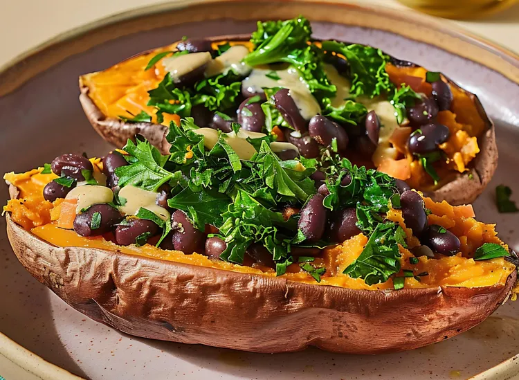 Stuffed sweet potato with kale, black beans and hummus