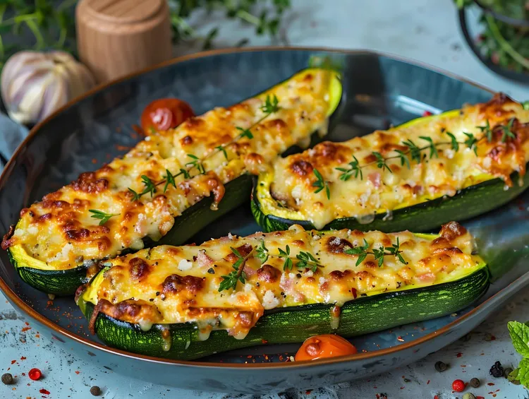 Sausage-stuffed zucchini with parmesan and herbs