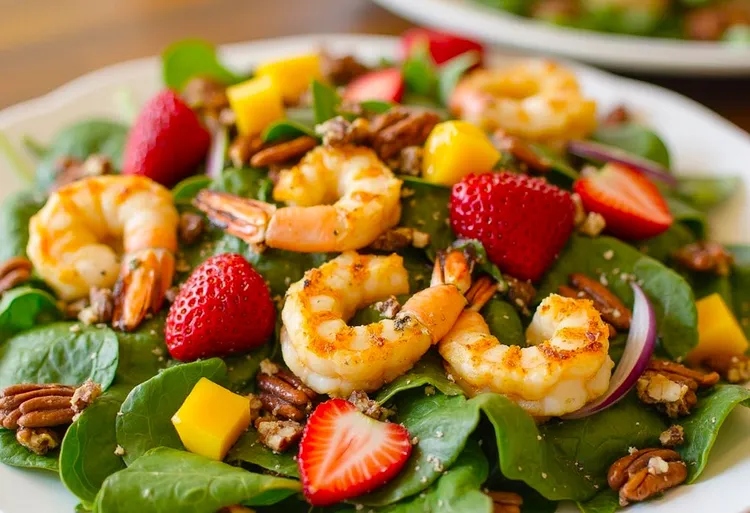 Shrimp salad with strawberries, mango, pecans and onion