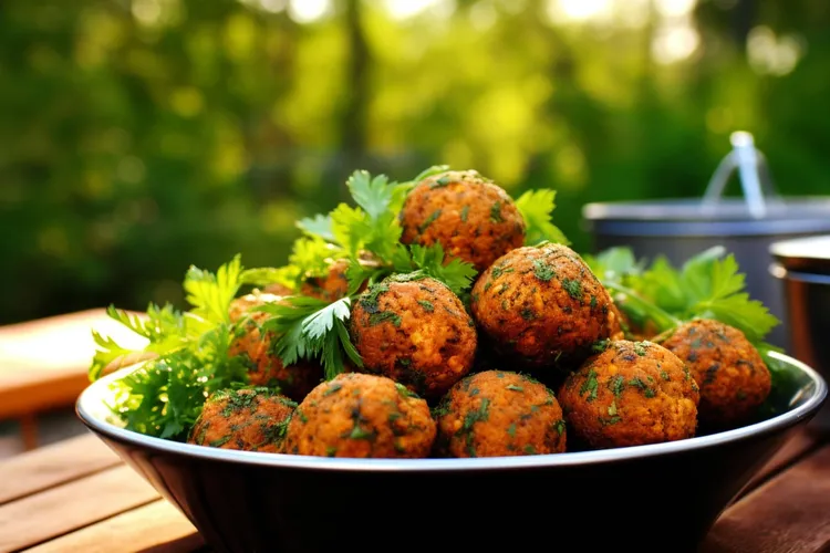 Sweet potato and kale balls with coconut milk and herbs