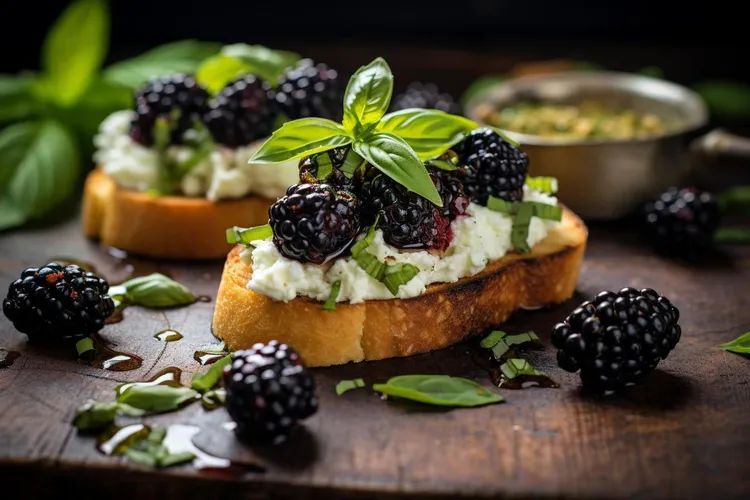 Toast with berries, basil & cream cheese