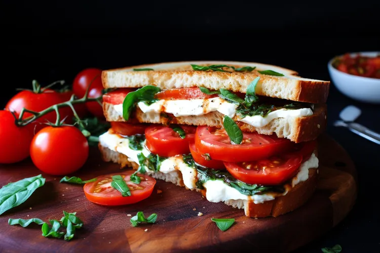 Tomato mozzarella sandwich with olive oil, garlic and basil