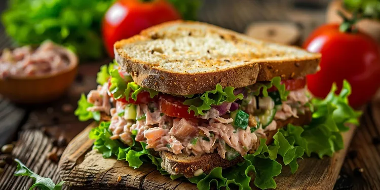 Tuna ranch garden salad sandwich on multi-grain bread