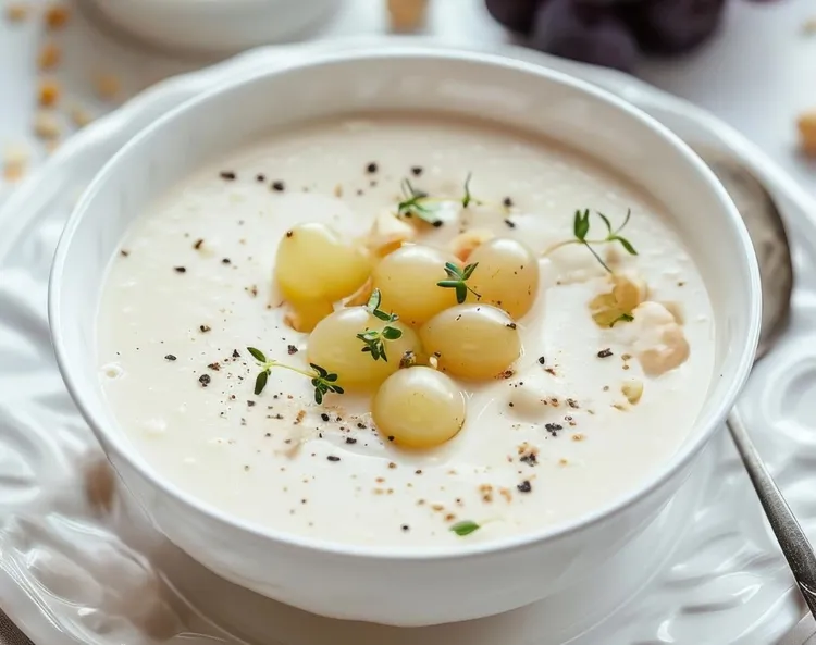 Vegan almond soup with grapes and rye bread