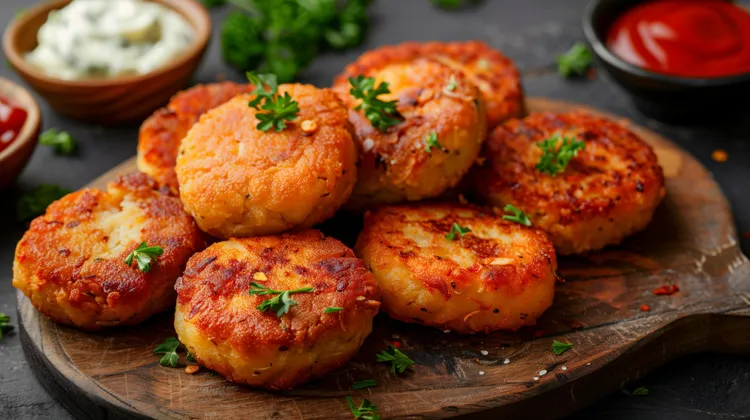 Vegan stuffed potato cakes with mushrooms and onions
