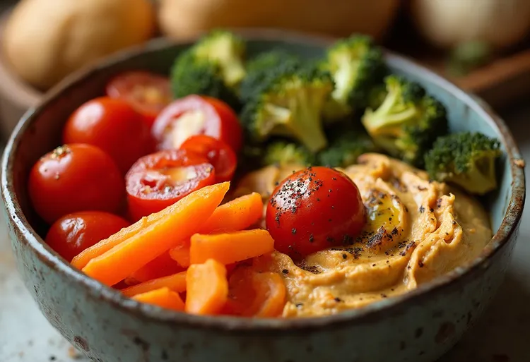 Roasted veggie hummus bowl