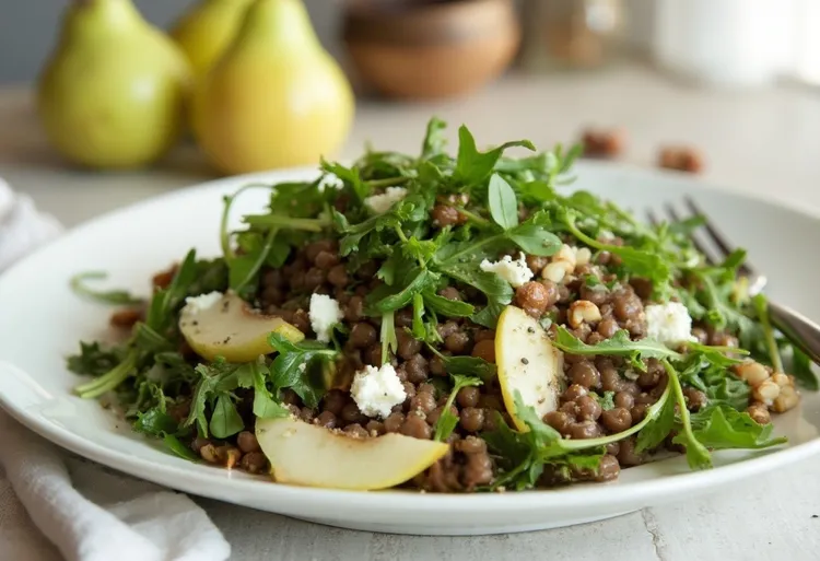 Warm lentil salad with pear, hazelnuts, feta and arugula