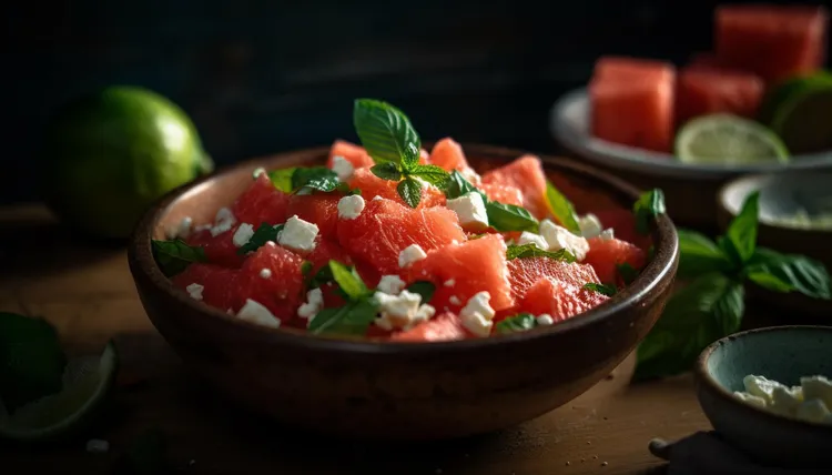 Watermelon salad with feta, basil and lemon-honey dressing