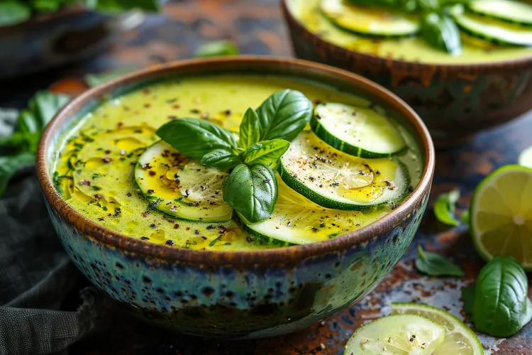 Zucchini basil soup with spinach, garlic and nutmeg