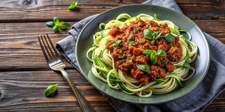Zucchini noodle bowl with turkey, mushroom and tomato sauce