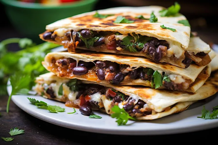 Avocado and chicken quesadilla with black beans and salsa sauce