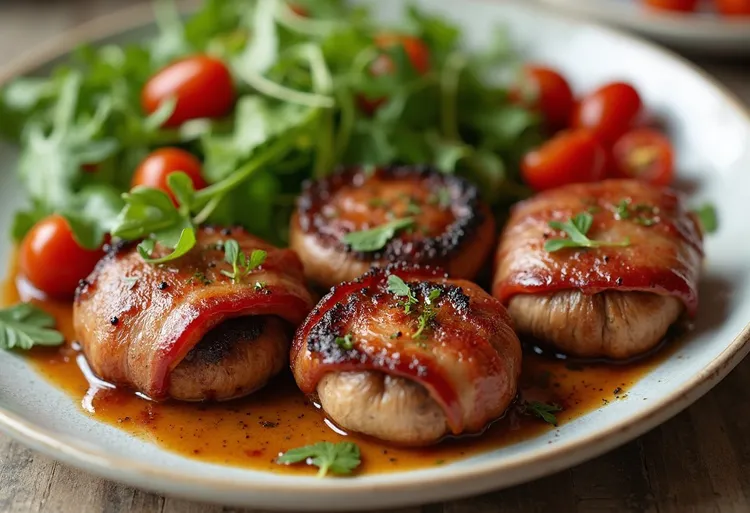 Smoky bbq bacon-wrapped mushroom kebabs