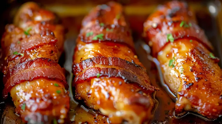 Bacon-wrapped roasted red pepper and cheese stuffed chicken
