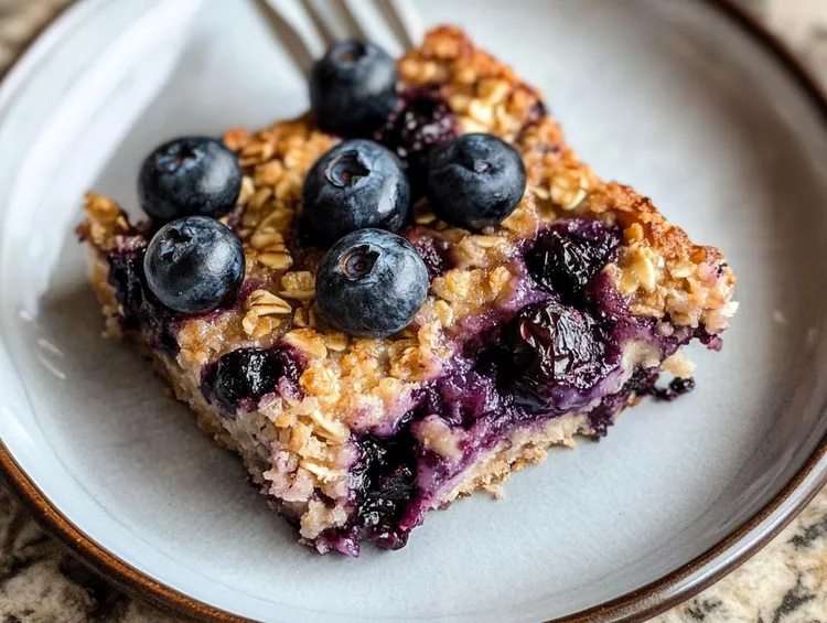 Baked blueberry banana oatmeal with cinnamon and maple syrup