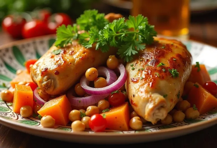 Baked chicken and sweet potato with chickpeas
