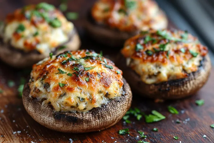Baked portobello caps with melted goat cheese and pine nuts