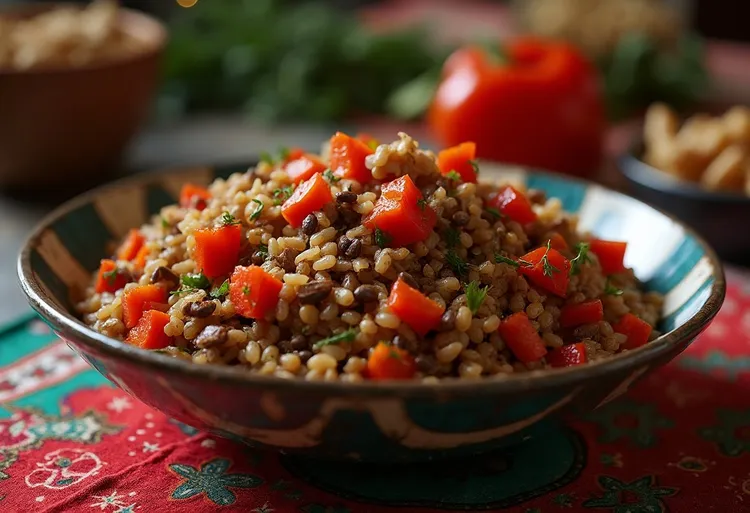 Balsamic rice bowl with lentils, peppers and walnuts