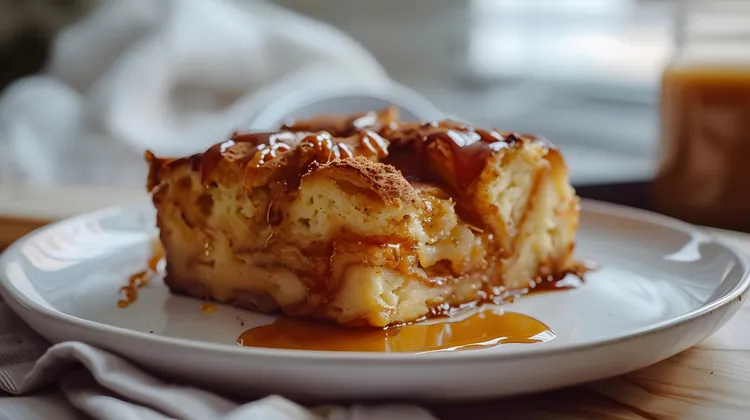 Banana bread pudding with caramel sauce