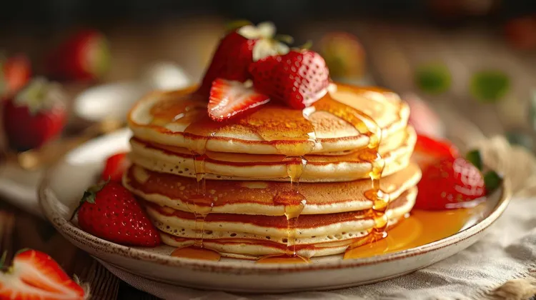 Cinnamon banana pancakes with honey-glazed strawberries