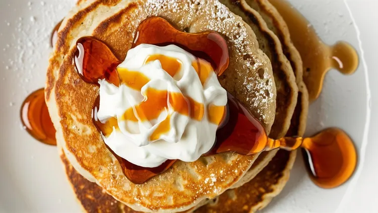 Banana oatmeal protein pancakes with greek yogurt glaze