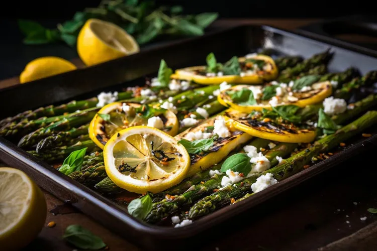 Barbecued asparagus with lemon, feta and mint