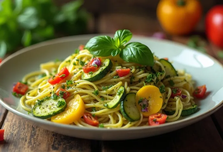Basil pesto pasta with roasted vegetables