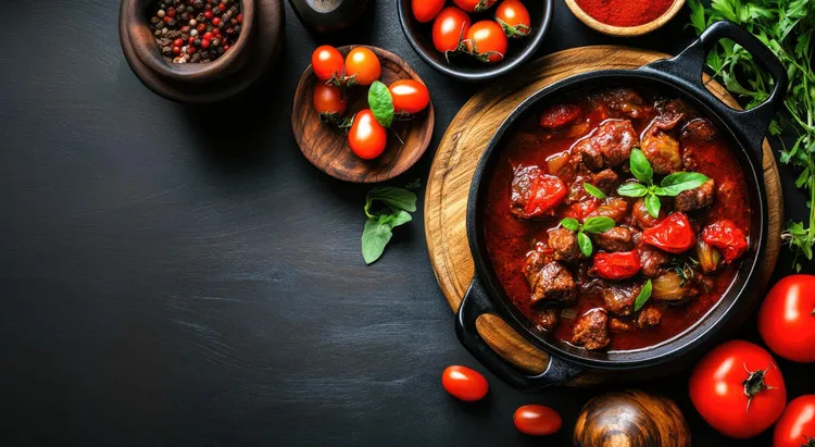 Beef bacon stew with cherry tomatoes and red peppers