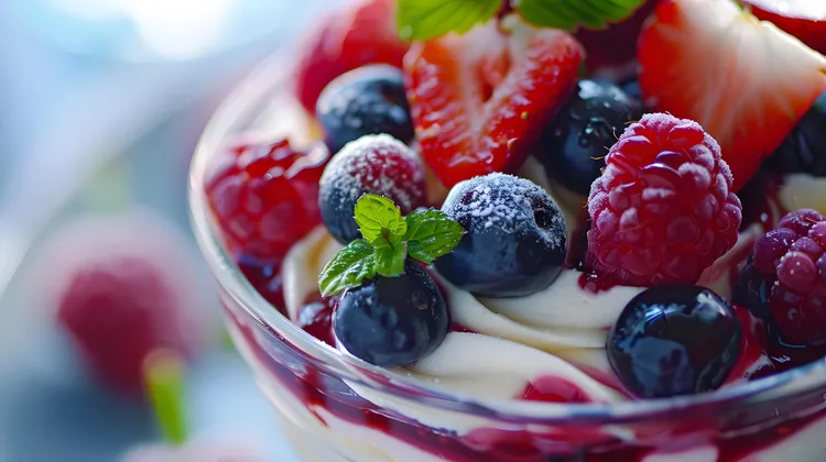 Berries in syrup with vanilla yoghurt