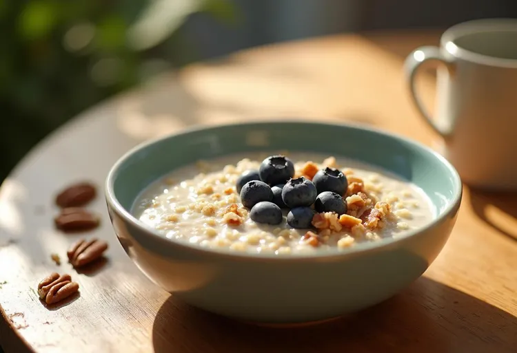 Berry-pecan quinoa bowl with honey almond milk