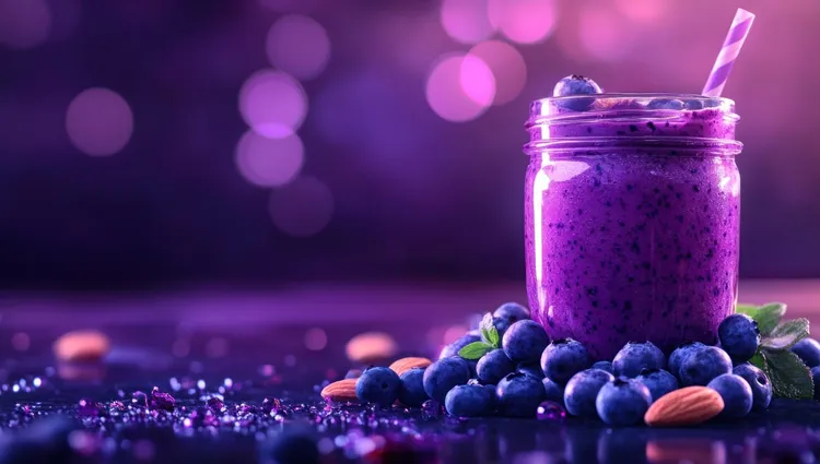Blueberry almond coconut smoothie with cinnamon and seaweed
