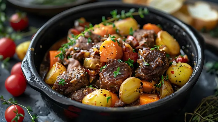 Braised beef with roasted potatoes and broccoli
