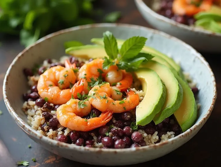 Garlic butter shrimp with white rice and black beans