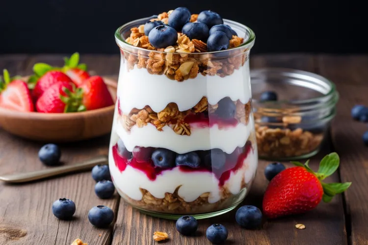 Strawberry-blueberry greek yogurt parfait with almonds