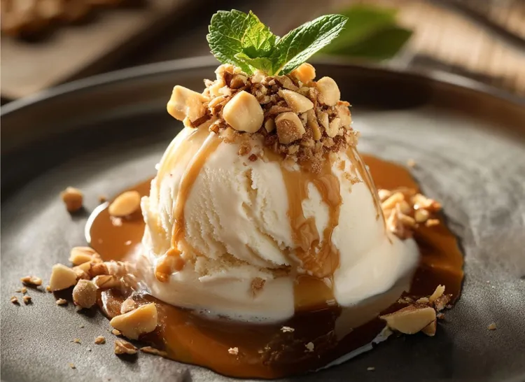 Caramelised macadamias with ice-cream