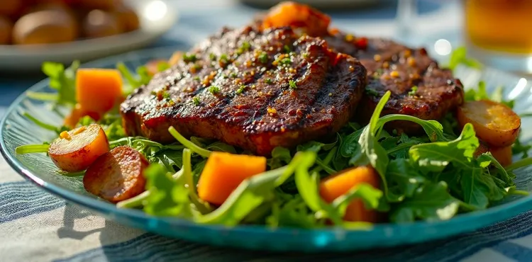 Chilli steaks with chargrilled potato salad