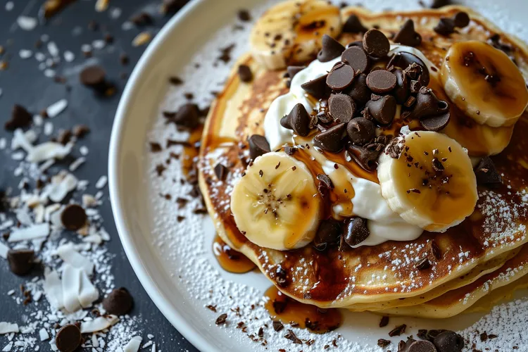 Chocolate banana protein pancakes with candies and maple syrup