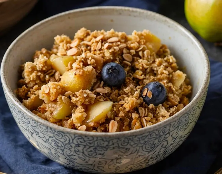 Cinnamon blueberry apple oatmeal with walnuts and flaxseed