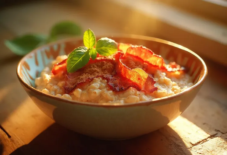 Cinnamon-maple bacon oatmeal with almond milk