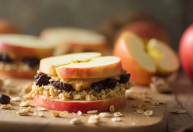 Cinnamon oat apple peanut butter sandwich with raisins