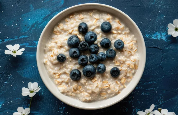 Cinnamon porridge bowl with blueberries and greek yogurt