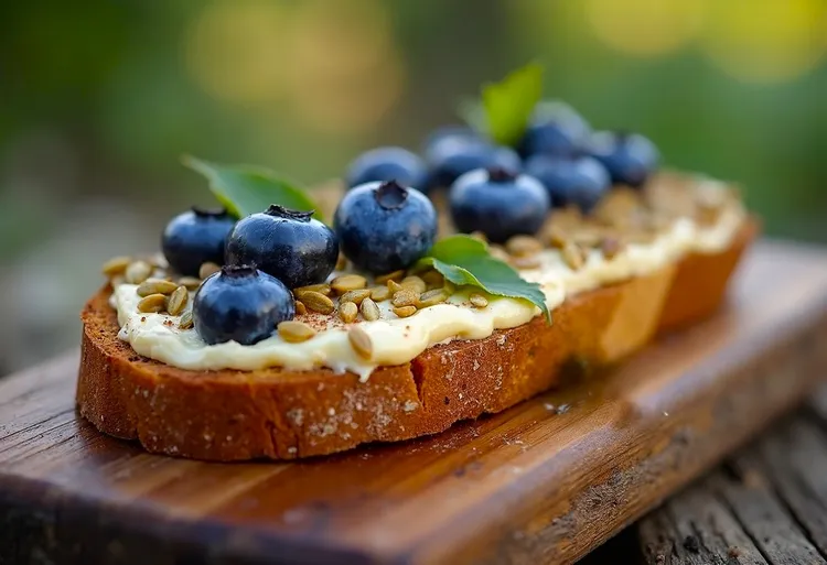 Cinnamon blueberry and goat cheese toast with sunflower seeds