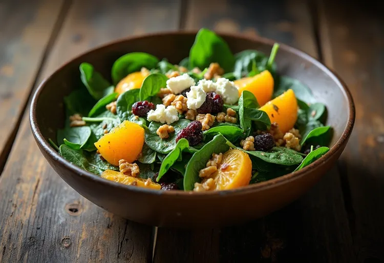 Spinach salad with walnuts, raisins and goat cheese