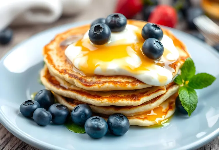 Blueberry pancakes with creme fraiche & orange syrup