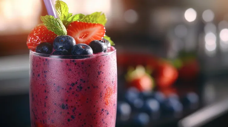 Coconut banana smoothie with blueberries and strawberries