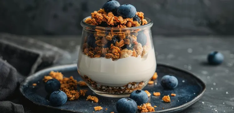 Coconut granola-topped roasted blueberry quinoa parfaits