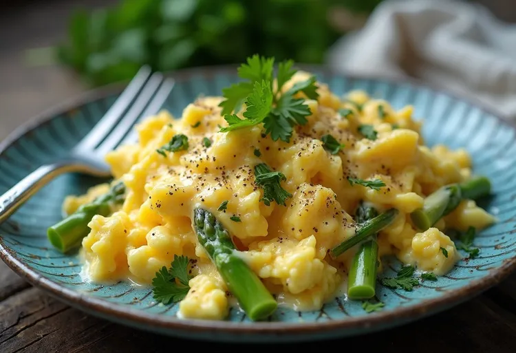 Scrambled eggs with asparagus, goat cheese and lemon