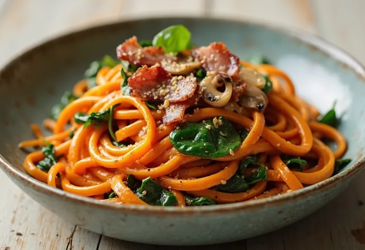 Sweet potato carbonara with spinach & mushrooms