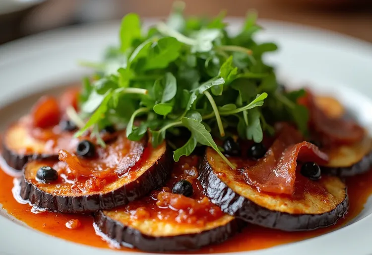 Crumbed eggplant stack with bacon